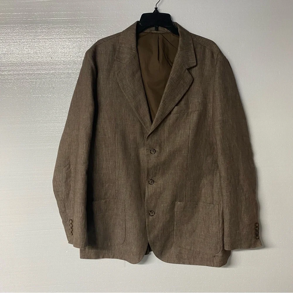 Talbots For Men Blazer Sport Jacket L Brown 100% Linen 3 Button Business Casual